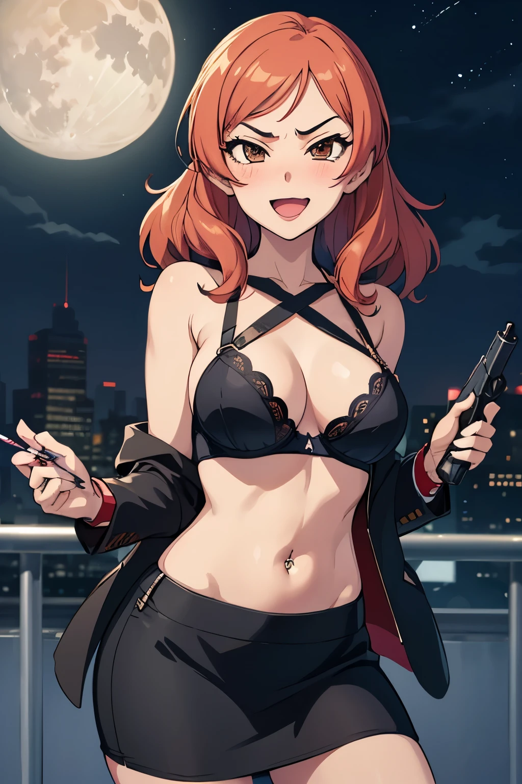  1girl, komatsu ibuki, long hair, blush, lipstick, Hot girl, baddie, staring, glaring, bad attitude, mean girl, dare, angry, hate, crazy, smoking, sensual, attractive, outdoors, rooftop, cityscape, building, railing, night, night sky, scenery, moon, city lights, masterpiece, best quality, highly detailed, a girls with a gun, evil smile , open mouth, sexy gaze, badass
pose , evil smile, smile, (nsfw) not safe for work, guns blazing, anime girl with long hair, beautiful long
haired girl, navel, evil expression, exposed belly, exposed navel, exposed midriff, exposed lower belly,
long black pants, crop top, cleavage, unbuttoned leather pants ,open fly, low rise black leather pants,
leather jacket, holding a gun, holding pistol, navel piercing