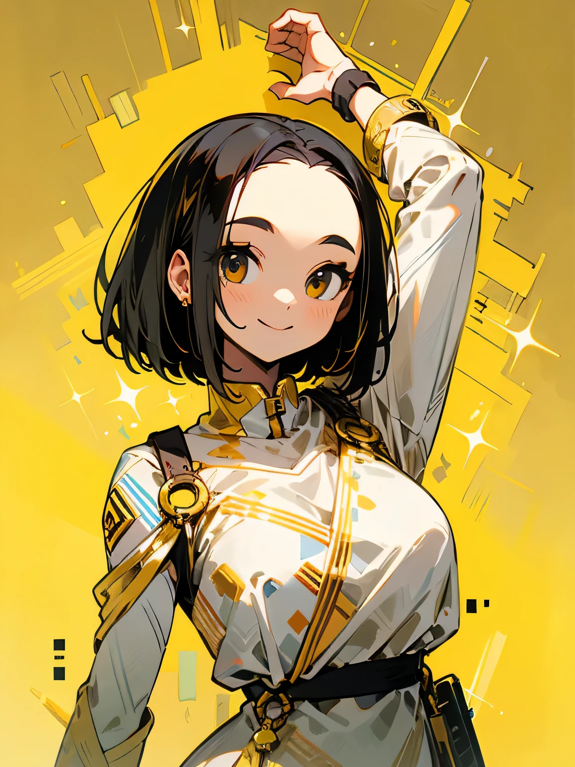 solo,upperbody,black hair,straight thin bob,big forehead,smile, no sleeve dress,model pose,gold background,