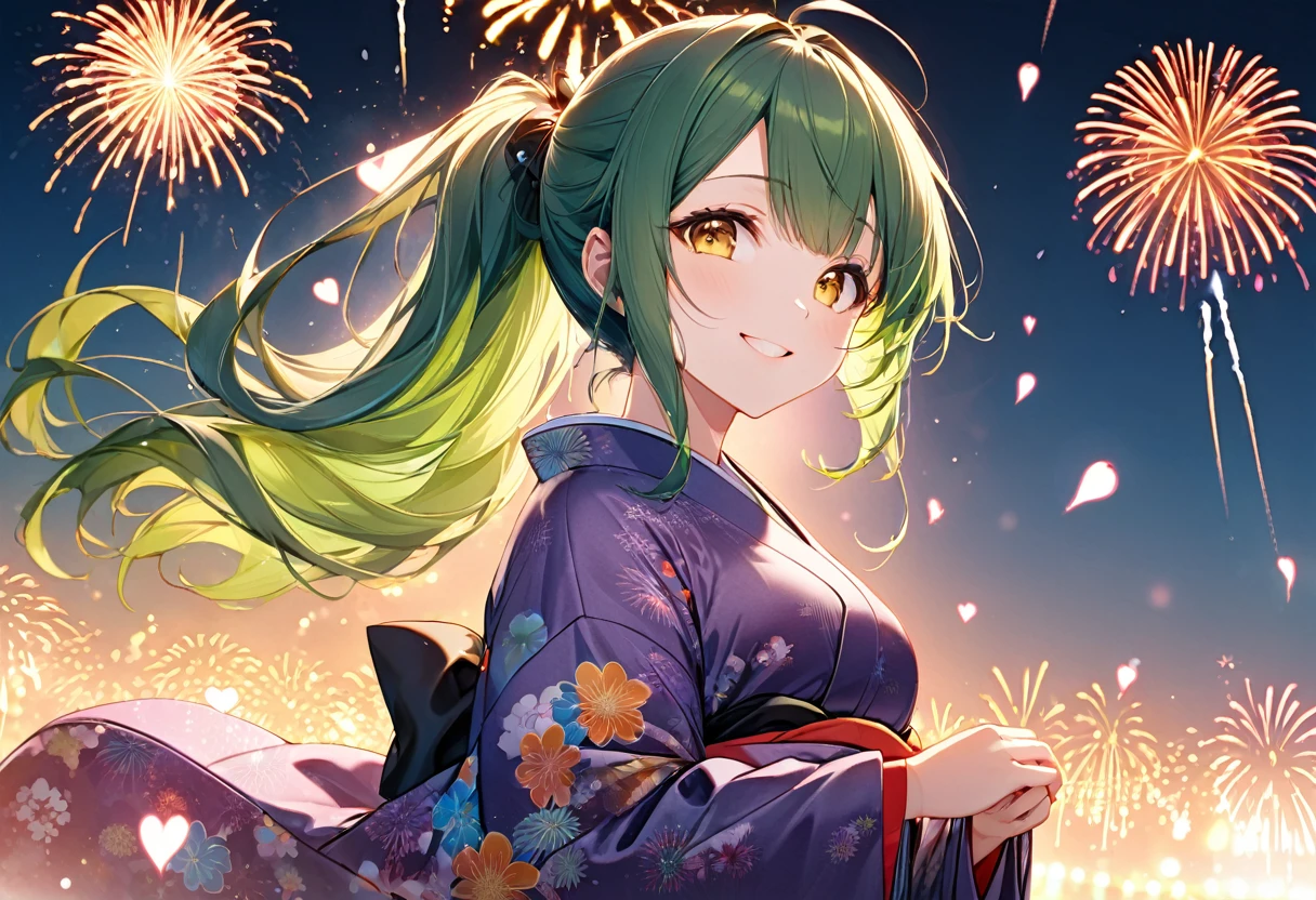(double exposure:1.4 Heart Shape, many:1.2 fireworks), (a ponytail green hair very long hair cute girl, lovely yellow eyes, love smile, medium:1.3 tits, in a beautiful yukata), BREAK, 16k, beautiful detailed silhouette.