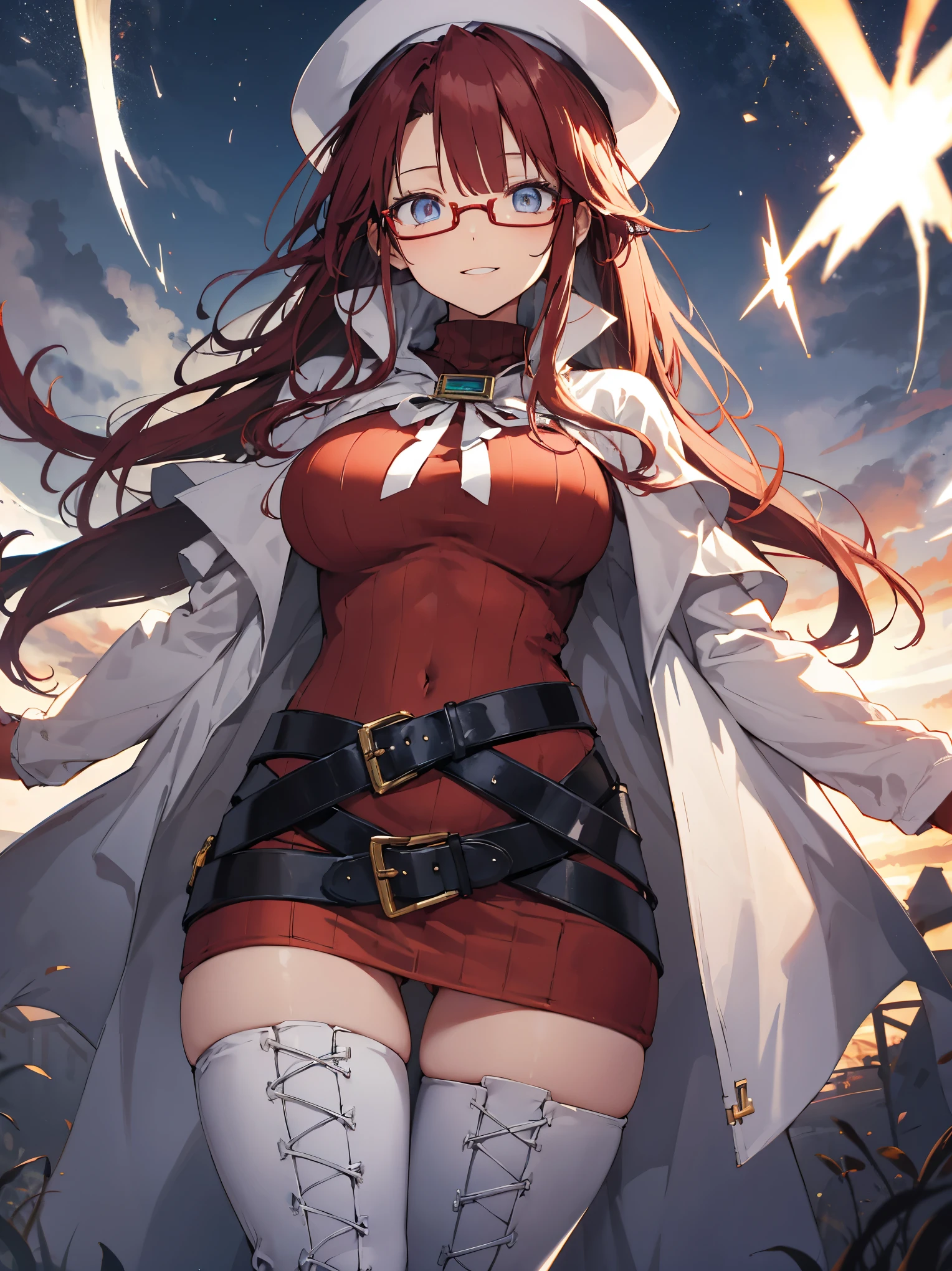 summonnightaty, aty, (young:1.3),long hair, blue eyes, red hair, big_tits, hat, glasses,
BREAK long hair, thighhighs, hat, dress, naked_legs, glasses, belt, cape, sweater, zettai ryouiki, beret, thigh boots, white footwear, ribbed sweater, loose belt,solo,
BREAK outdoors, fantasy,
,Highquality_hads,perfect_fingers,
BREAK (masterpiece:1.2), best quality, high resolution, unity 8k wallpaper, (illustration:0.8), (beautiful detailed eyes:1.6), extremely detailed face, perfect lighting, extremely detailed CG, (perfect hands, perfect anatomy),covered_nipples,covered_navel ,half_eyes,long_sword,sleepy_eyes,red_sweater,apart_knees,magical_effect,spread_legs, have_a_book,teacher,rise_knee,Smile,rise_hand,look_down_viewer,spread_arms,,looking_into,plump,open_mouth, dynamic_posing,solo,in_Emodern_town_landscape,night_sky,solo