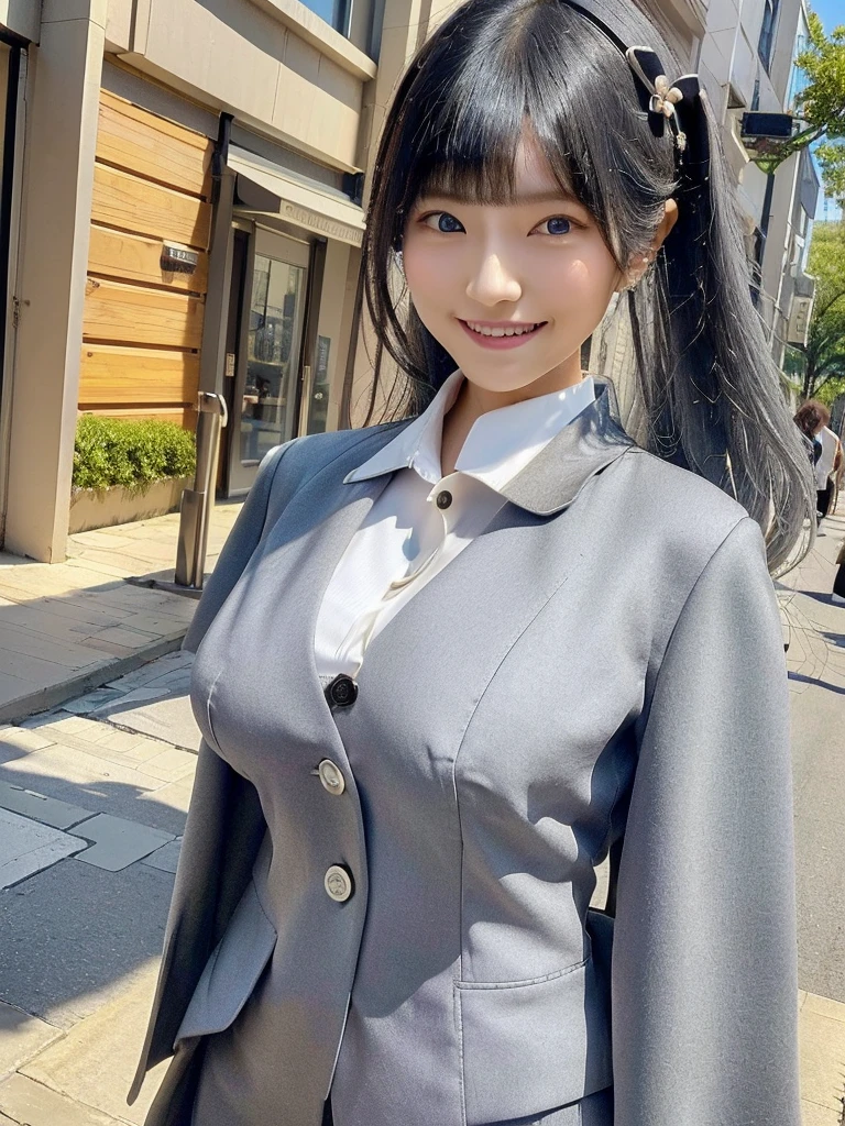 Highest quality、masterpiece、8k、Very detailed、Realistic、(One girl)、(Looking at me with a smile:1.5)、whole body、(Black Hair)、Small face、(Slender:1.2)、(Big Breasts:1.2)、(White business shirt with buttons and a collar:1.2)、(short tight skirt in gray,:1.2)、(Grey business jacket:1.2)