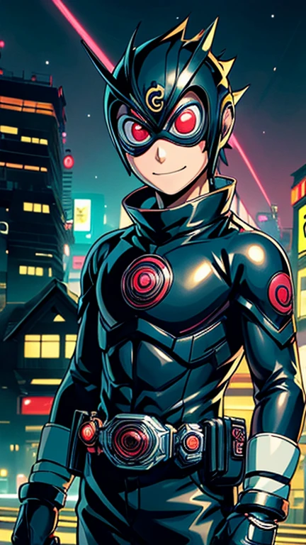 (8k),(masterpiece),(Japanese),(8-year-old boy),((innocent look)),((Childish)),From the front,smile,cute,Innocent,Kind eyes,Flat chest, Sasuke Uchiha,Kamen_Rider,black helmet,black domino mask,camisa,bald,no Hair,Strong wind,night,dark, Neon light cyberpunk Konoha village