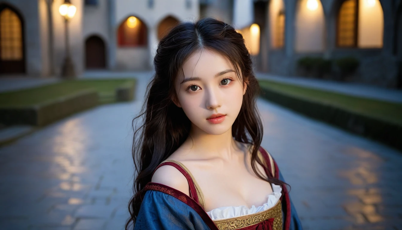 8k, Ultra-high resolution, Highest quality, masterpiece, 三分割法によるphotograph,Surreal, photograph, 1 Girl, (:1.3), pretty girl, Cute Face, Beautiful eyes in every detail, 細かくdetailedに,masterpiece,One Girl:1.2, Japan Female Announcer,extream close up,disgust,Long black hair,Loose curly hair,(Dressed in medieval European clothing:1.3),(印象派の美しい少女のPortraiture), (Standing in a medieval European square:1.3), (After the Rain), (Sunset reflection), (Impressionist light and colour),Realistic Skin, Perfect and beautiful face ,完璧でCute Face, Skin with attention to detail, Perfect limbs、Narrow waist,Looking at the audience、beauty,Long neck、(((Ideal body type))),A cup small breasts :2,Portraiture:2,Perfect Anatomy,鮮明なdetailed,detailed,Surreal,Light and shadow,darkness