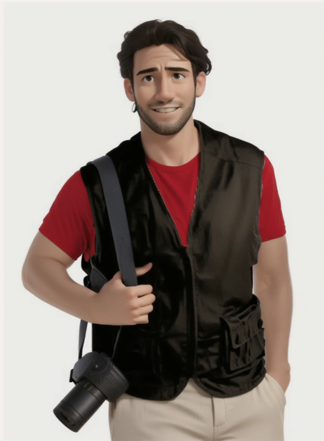 man, smiling, holding camera, one hand in pocket, wearing black vest