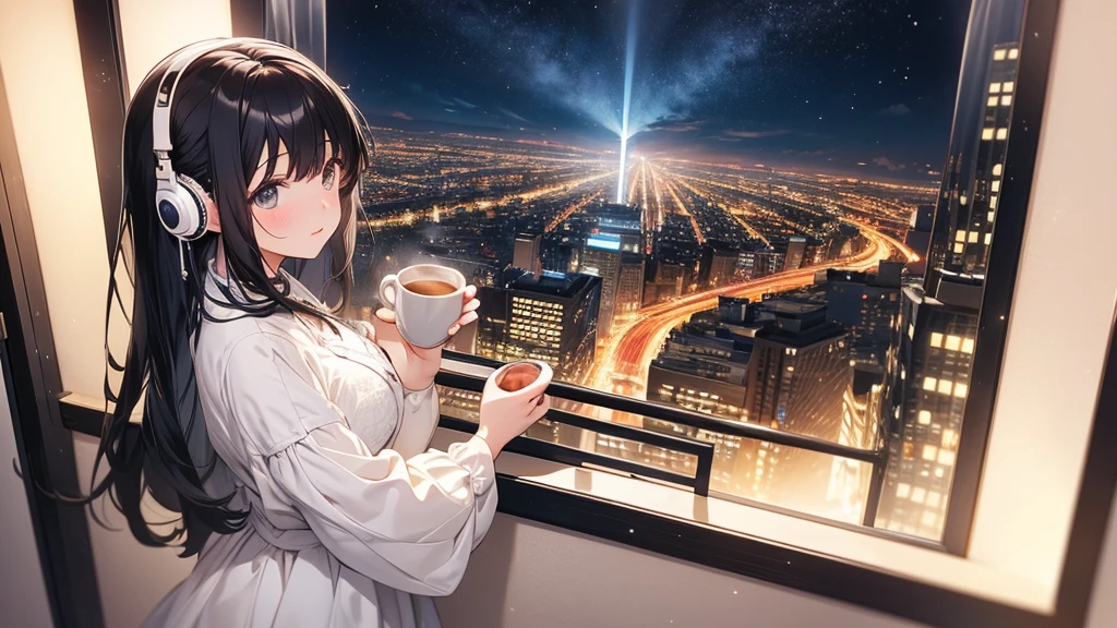 Ultra-high resolution, 8k, (Masterpiece, mysterious:1.2), Works by Makoto Xin Haicheng, Lo-fi feel, Perfect human body engineering, 1 female, Starry sky in my eyes, Sparkling Eyes, Idol, White ruffled dress, Shiny long black hair, Larger than average bust, Listening to music through headphones, Looking out the window, A room with musical instruments, city view from the window, Impressive cityscape, Bright Sky, meteor, Wide angle, Before dusk, Break time during composition, Coffee in a mug,