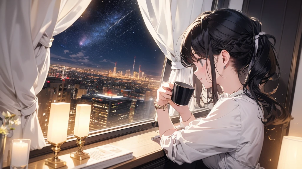 Ultra-high resolution, 8k, (Masterpiece, mysterious:1.2), Works by Makoto Xin Haicheng, Lo-fi feel, Perfect human body engineering, 1 female, Starry sky in my eyes, Sparkling Eyes, Idol, White ruffled dress, Shiny long black hair, Larger than average bust, Listening to music through headphones, Looking out the window, A room with musical instruments, city view from the window, Impressive cityscape, Bright Sky, meteor, Wide angle, Before dusk, Break time during composition, Coffee in a mug,