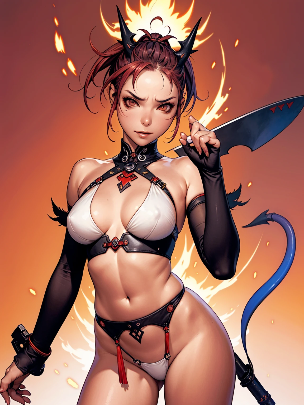 Japanese demon girl with tiny panties and ripped top, crazy face, sarcastic smile, punk hair, mohawk hair, colored hair, slim and well-defined body, Waist slender, nude belly, coxas nuas, Dirty laundry, world after apocalypse, wasteland, sexly, pose de atitude, Create a cool character for a gacha game based on the game Zenless Zone Zero, female character in devil clothes in warm colors, S-level fire elemental character, devil horns and tail, beautiful and cute face, nymph body, lolly, haughty, devilish smile, wielding a serrated sword, pose de atitude, aggressive movements, Shark teeth