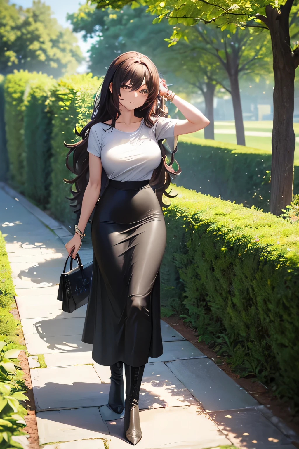 ((masterpiece, best quality, ultra-detailed)), beautiful woman walking through a summer garden, gray t-shirt, bracelet, black maxi pencil skirt, leather boots, full body, long hair, wavy hair, summer garden, tree, leaves