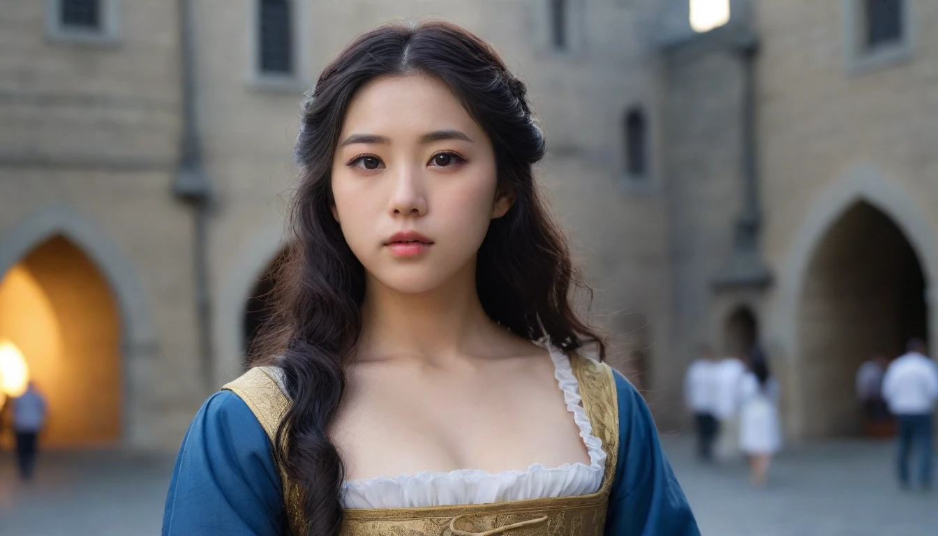 8k, Ultra-high resolution, Highest quality, masterpiece, 三分割法によるphotograph,Surreal, photograph, 1 Girl, (16 years old:1.3), pretty girl, Cute Face, Beautiful eyes in every detail, 細かくdetailedに,masterpiece,One Girl:1.2, Japan Female Announcer,extream close up,disgust,Long black hair,Loose curly hair,(Dressed in medieval European clothing:1.3),(印象派の美しい少女のPortraiture), (Standing in a medieval European square:1.3), (After the Rain), (Sunset reflection), (Impressionist light and colour),Realistic Skin, Perfect and beautiful face ,完璧でCute Face, Skin with attention to detail, Perfect limbs、Narrow waist,Looking at the audience、beauty,Long neck、(((Ideal body type))),A cup small breasts :2,Portraiture:2,Perfect Anatomy,鮮明なdetailed,detailed,Surreal,Light and shadow,darkness