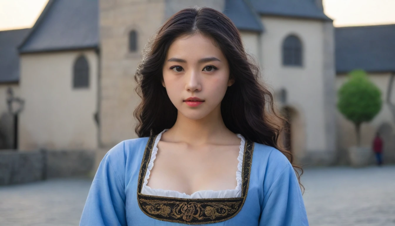8k, Ultra-high resolution, Highest quality, masterpiece, 三分割法によるphotograph,Surreal, photograph, 1 Girl, (:1.3), pretty girl, Cute Face, Beautiful eyes in every detail, 細かくdetailedに,masterpiece,One Girl:1.2, Japan Female Announcer,extream close up,disgust,Long black hair,Loose curly hair,(Dressed in medieval European clothing:1.3),(印象派の美しい少女のPortraiture), (Standing in a medieval European square:1.3), (After the Rain), (Sunset reflection), (Impressionist light and colour),Realistic Skin, Perfect and beautiful face ,完璧でCute Face, Skin with attention to detail, Perfect limbs、Narrow waist,Looking at the audience、beauty,Long neck、(((Ideal body type))),A cup small breasts :2,Portraiture:2,Perfect Anatomy,鮮明なdetailed,detailed,Surreal,Light and shadow,darkness