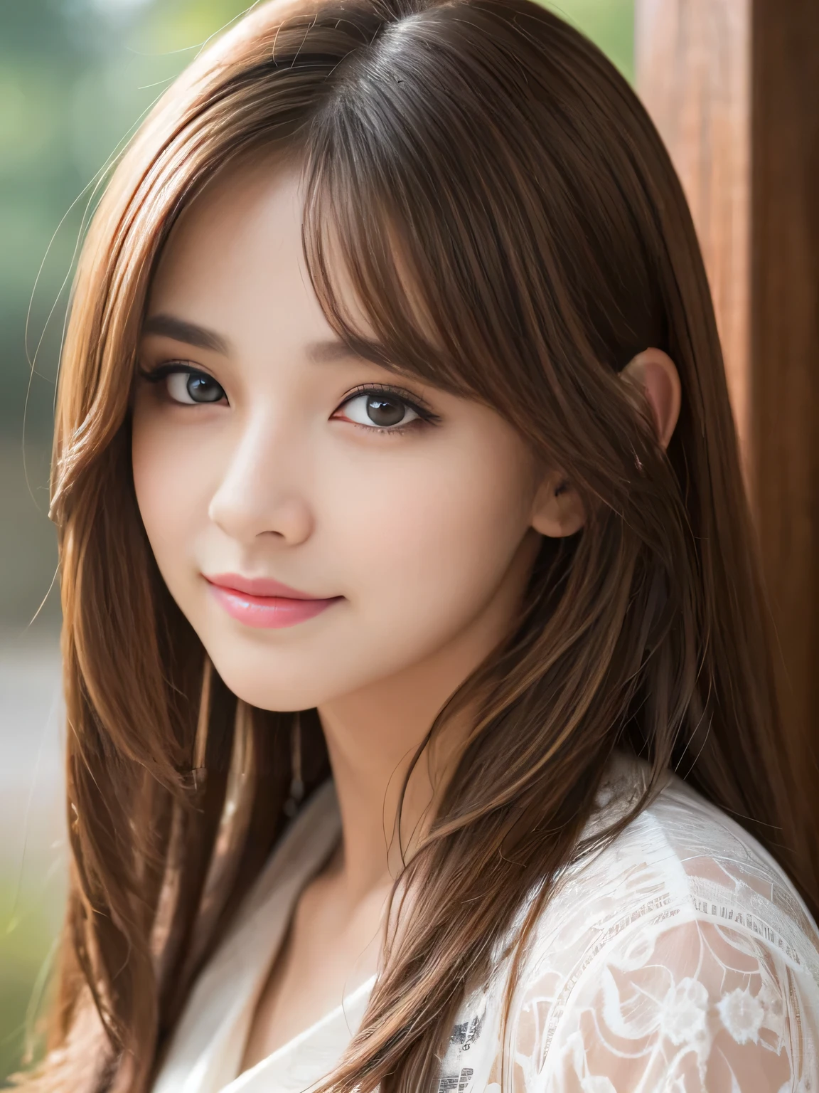 (Raw photo), (Photoreal), (masterpiece), (highest quality), High resolution, 8K resolution, (intricate details), (light with volume), Portrait, woman, medium hair, straight hair, layered hair, brown hair, highly detailed eyes, highly detailed eyebrows, highly detailed skin, highly detailed mouth, highly detailed nose, cute like an idol, smile, ((thick lips)), ((look into the viewer's eyes)), (well-shaped chest), (cleavage), (elegant black see-through blouse), (Random body orientation),