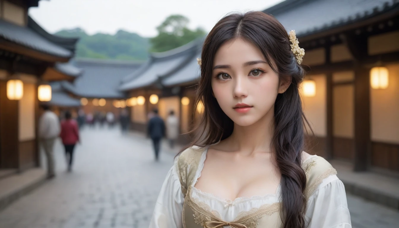 8k, Ultra-high resolution, Highest quality, masterpiece, 三分割法によるphotograph,Surreal, photograph, 1 Girl, (16 years old:1.3), pretty girl, Cute Face, Beautiful eyes in every detail, 細かくdetailedに,masterpiece,One Girl:1.2, Japan Female Announcer,extream close up,disgust,Long black hair,Pulled back hair,(Dressed in medieval European clothing:1.3),(印象派の美しい少女のPortraiture), (Standing in a medieval European square:1.3), (After the Rain), (Sunset reflection), (Impressionist light and colour),Realistic Skin, Perfect and beautiful face ,完璧でCute Face, Skin with attention to detail, Perfect limbs、Narrow waist,Looking at the audience、beauty,Long neck,clavicle,(((Ideal body type))),A cup small breasts :2,Portraiture:2,Perfect Anatomy,鮮明なdetailed,detailed,Surreal,Light and shadow,darkness