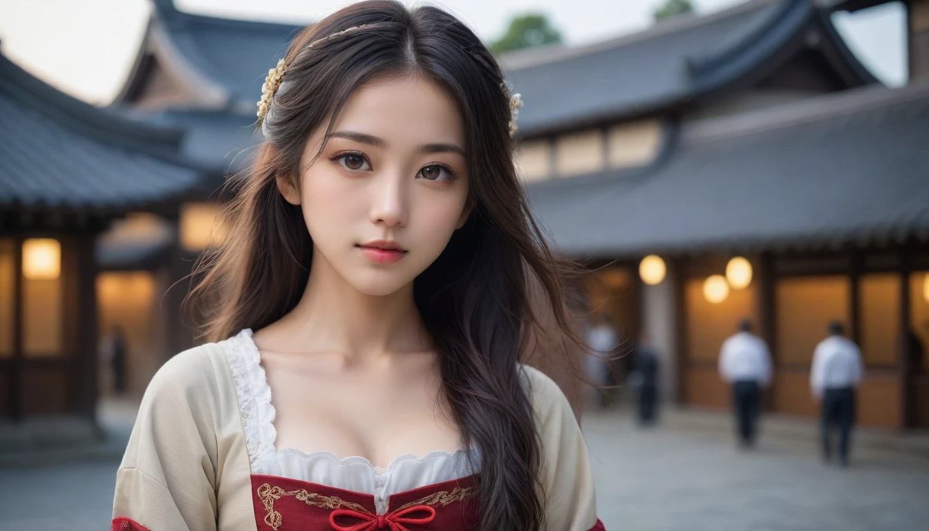8k, Ultra-high resolution, Highest quality, masterpiece, 三分割法によるphotograph,Surreal, photograph, 1 Girl, (16 years old:1.3), pretty girl, Cute Face, Beautiful eyes in every detail, 細かくdetailedに,masterpiece,One Girl:1.2, Japan Female Announcer,extream close up,disgust,Long black hair,Loose curly hair,(Dressed in medieval European clothing:1.3),(印象派の美しい少女のPortraiture), (Standing in a medieval European square:1.3), (After the Rain), (Sunset reflection), (Impressionist light and colour),Realistic Skin, Perfect and beautiful face ,完璧でCute Face, Skin with attention to detail, Perfect limbs、Narrow waist,Looking at the audience、beauty,Long neck、(((Ideal body type))),A cup small breasts :2,Portraiture:2,Perfect Anatomy,鮮明なdetailed,detailed,Surreal,Light and shadow,darkness