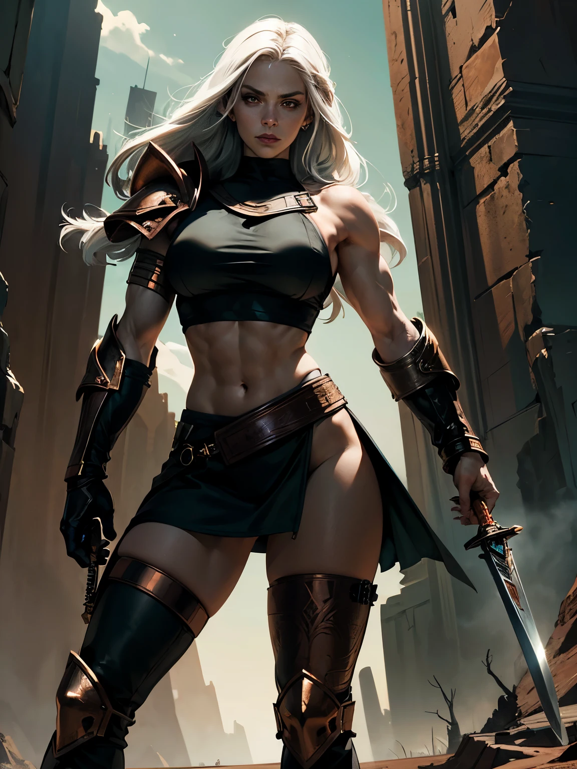 masters of the universe, a female warrior, pale skin, She has (long white hair) and green colored eyes, muscular body. She wears (black top with copper trim), (black pelvic curtain), bare arms, midriff, copper shoulder pads, fur trimmed boots, copper bracers, gemstones embedded in her armor. (perfecteyes eyes). Show her holding a massive sword. Badlands background, broken landscape, dead trees. Dynamic exaggerated pose.