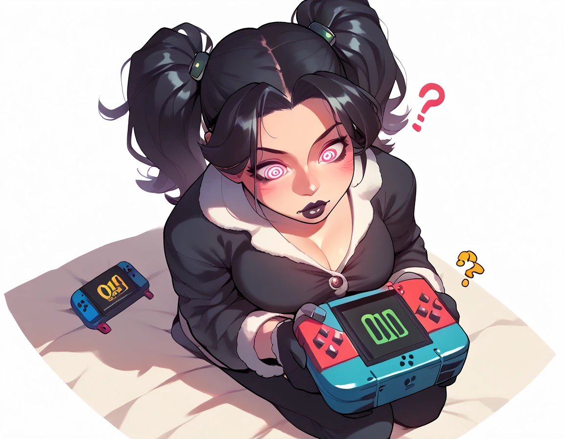 punctuation_9, punctuation_8_High above, punctuation_7_High above, punctuation_6_High above, punctuation_5_High above, punctuation_4_High above, 1girl, Nerd,Bblack hair, a cartoon image of a woman(dressed as a black cat)with a big chest, sitting on the cushion (blue in color), white scenario, with Nintendo switch in hand, fluffy chest, in pajamas(dressed as a black cat), anime cel shaded, Covered breasts and SFW, wearing pajamas(sitting on the cushion (blue in color), with a Nintendo Switch in hand), Kantai Collection Style, anime moe art style, , twintails brancos_mitts, seductive anime girl((dressed as a black cat)), brincando with a Nintendo Switch in hand(spiral eye)White background.