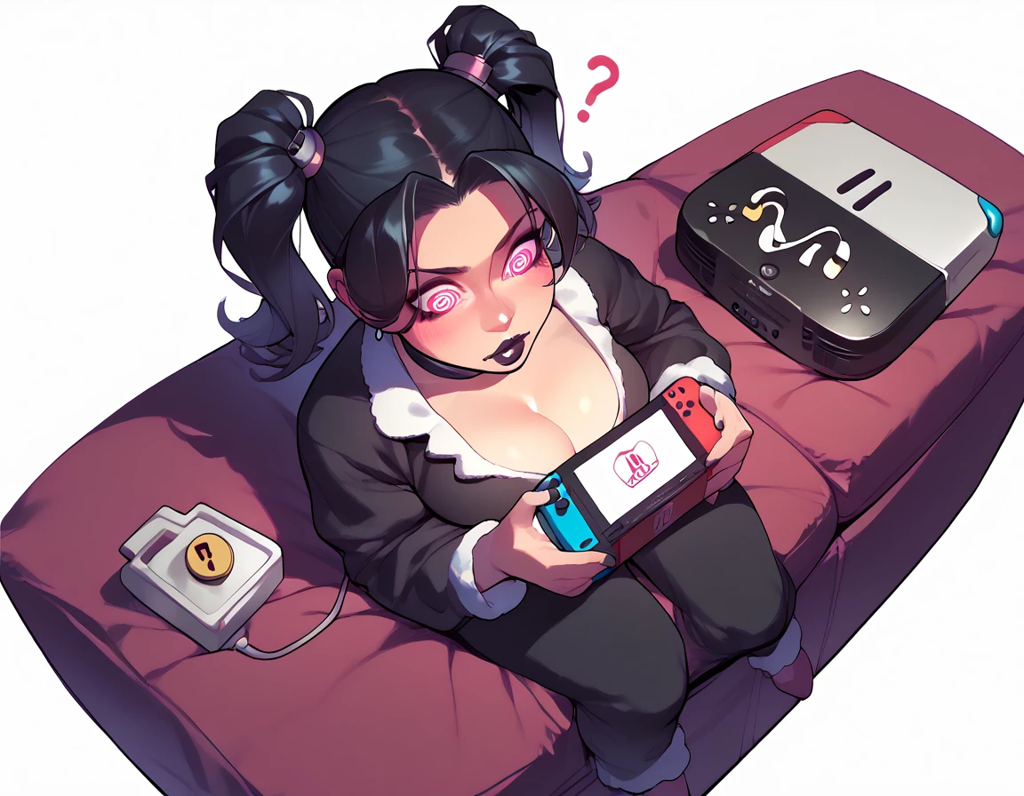 punctuation_9, punctuation_8_High above, punctuation_7_High above, punctuation_6_High above, punctuation_5_High above, punctuation_4_High above, 1girl, Nerd,Bblack hair, a cartoon image of a woman(dressed as a black cat)with a big chest, sitting on the cushion (blue in color), white scenario, with Nintendo switch in hand, fluffy chest, in pajamas(dressed as a black cat), anime cel shaded, Covered breasts and SFW, wearing pajamas(sitting on the cushion (blue in color), with a Nintendo Switch in hand), Kantai Collection Style, anime moe art style, , twintails brancos_mitts, seductive anime girl((dressed as a black cat)), brincando with a Nintendo Switch in hand(spiral eye)White background.