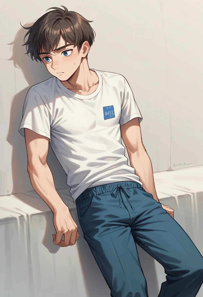 ((best quality)), ((masterpiece)), (detailed), Anime guy with brown floppy fringe, wearing a white T-shirt and navy blue checker pajama pants