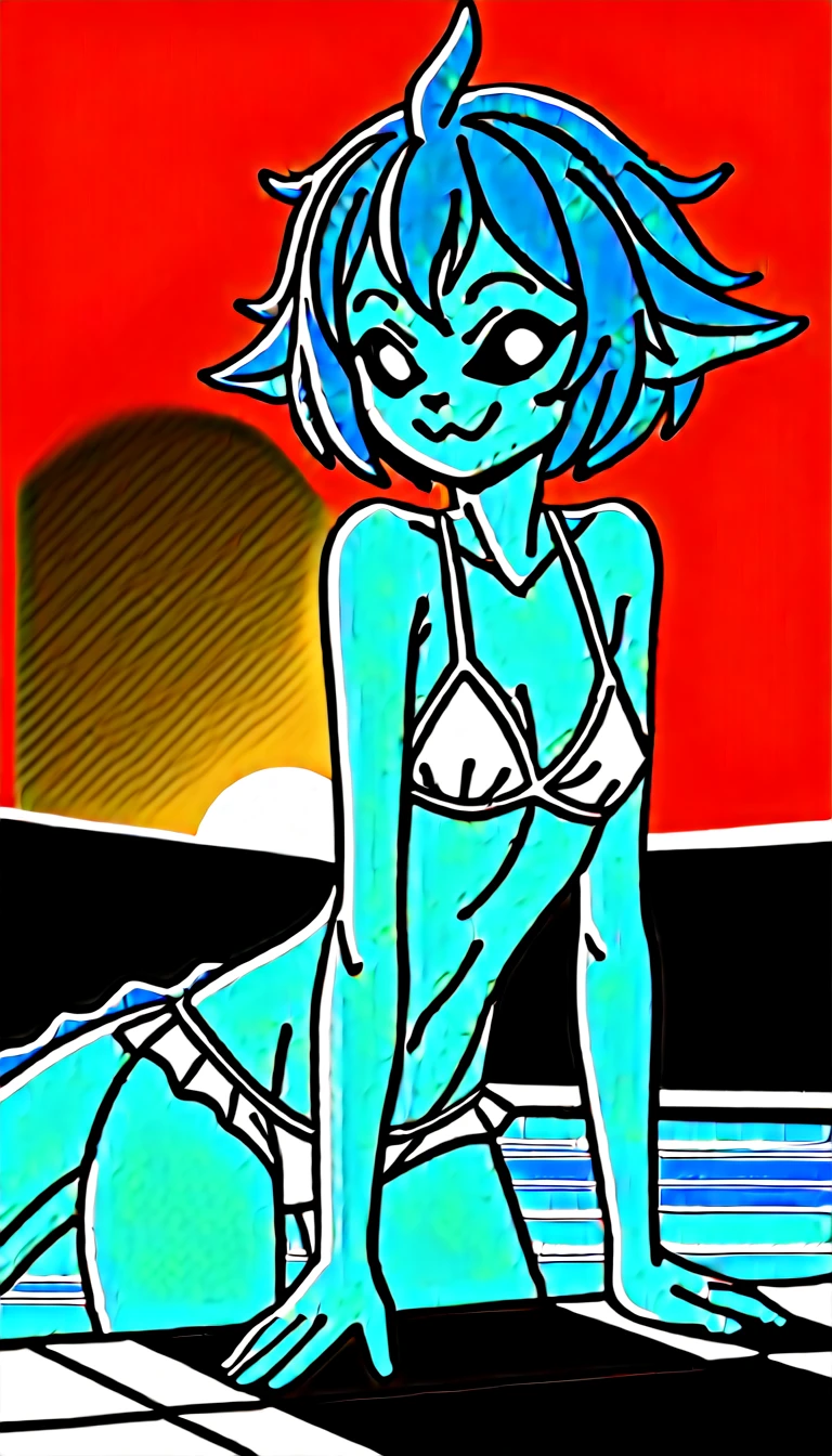 Seductive expression, 1girl, anthro, furry, fur, fluffy fur, vaporeon girl, blue hair (black highlights), black sclera, white eyes, short blue hair, Messy hair, (19 years), medium breast, thicc thighs, solo, (pool), sunset, detailed, white scrunchy, wearing frilly cute white bikini, smug smile, flirty look, half-closed eyes, score_9, score_8_up, score_7_up, score_6_up, score_5_up, score_4_up