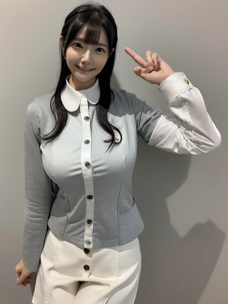 Highest quality、masterpiece、8k、Very detailed、Realistic、(One girl)、(Looking at me with a smile:1.5)、whole body、(Black Hair)、Small face、(Slender:1.2)、(Big Breasts:1.2)、(White business shirt with buttons and a collar:1.2)、(short tight skirt in gray,:1.2)、(Grey business jacket:1.2)