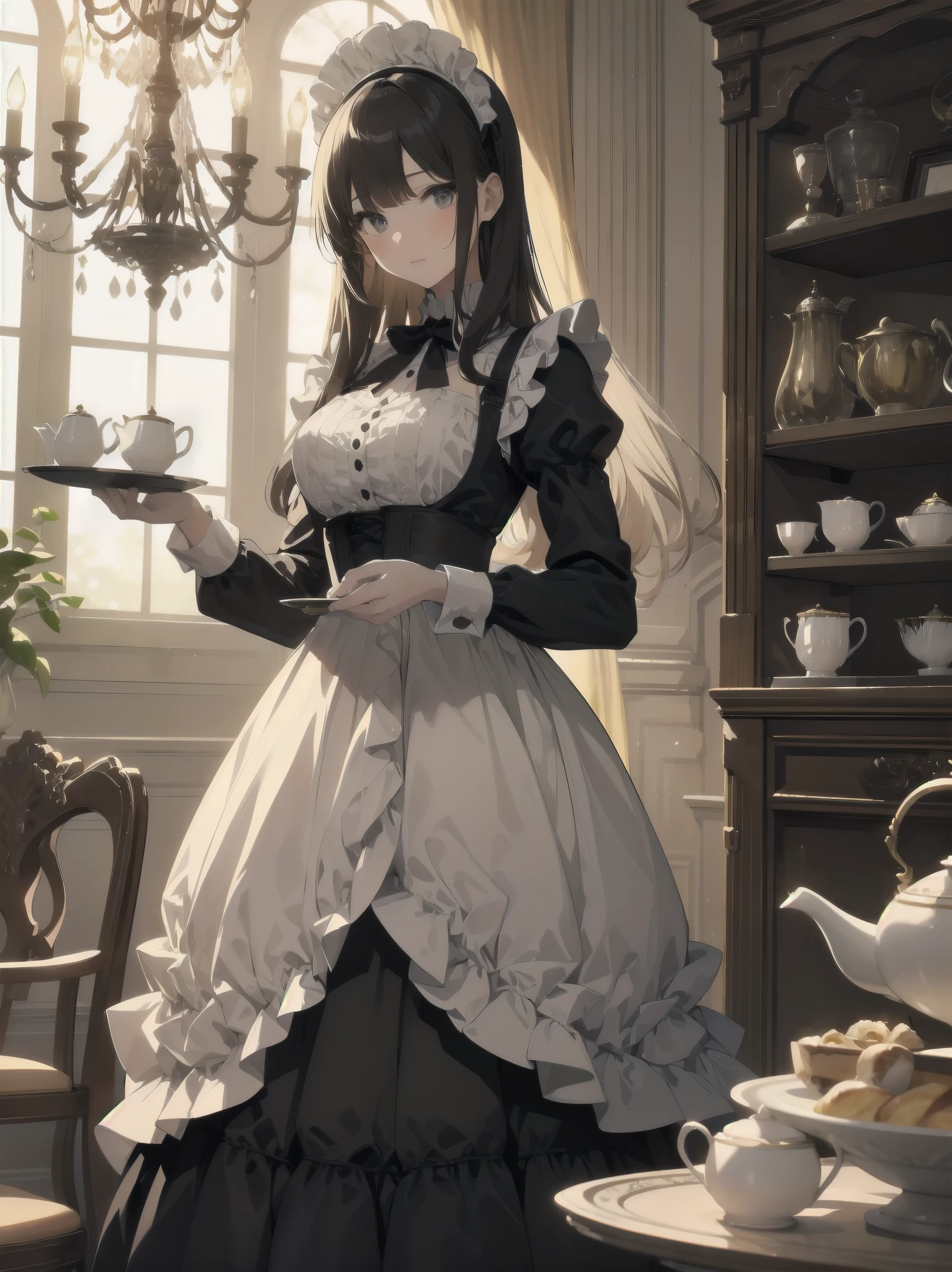 Illustration of a beautiful girl in a cute pose,(Masterpiece: 1.2), (Best quality: 1.2), A cute girl with long black hair, dressed in a classic black and white maid outfit with frilly lace and a matching headband, is standing in a beautifully decorated Victorian-style parlor. She is holding a silver tray with a teapot and teacup, her expression a mix of professionalism and warmth. The background includes ornate furniture, a chandelier, and large windows with heavy drapes, all bathed in soft afternoon light. This illustration emphasizes the elegant and welcoming atmosphere of a high-class tea service