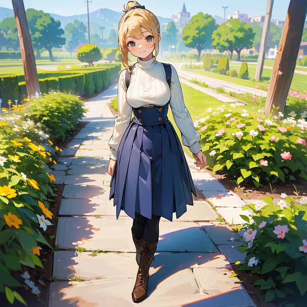 (high quality, High resolution, Very detailed, reality:1.37), Peaceful atmosphere, (Outdoor, garden), Teenage girl standing alone, (my breasts are big.), Beautiful details, Cute Smile, (Blonde Ponytail), Ribbed sweater, Blue Skirt, Black tights, Brown boots.