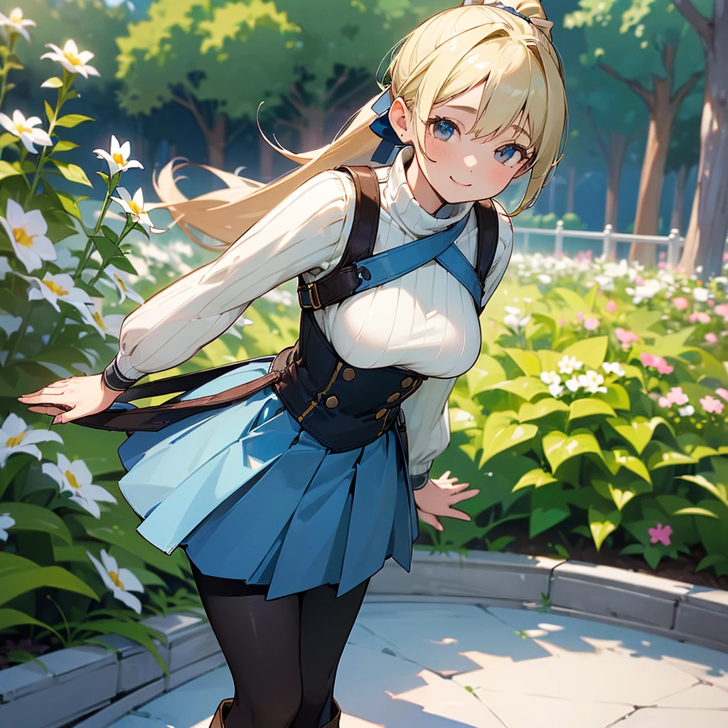 (high quality, High resolution, Very detailed, reality:1.37), Peaceful atmosphere, (Outdoor, garden), Teenage girl standing alone, (my breasts are big.), Beautiful details, Cute Smile, (Blonde Ponytail), Ribbed sweater, Blue Skirt, Black tights, Brown boots.