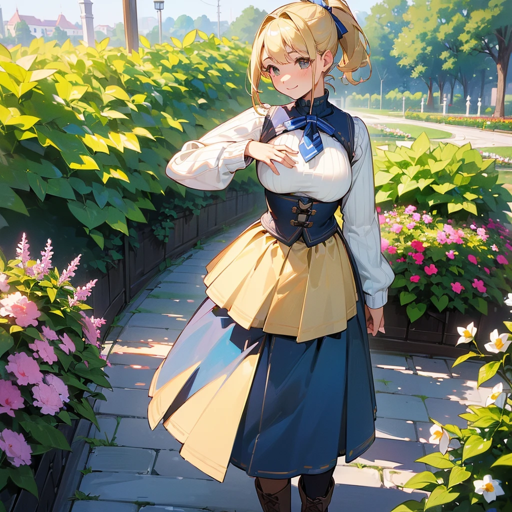 (high quality, High resolution, Very detailed, reality:1.37), Peaceful atmosphere, (Outdoor, garden), Teenage girl standing alone, (my breasts are big.), Beautiful details, Cute Smile, (Blonde Ponytail), Ribbed sweater, Blue Skirt, Black tights, Brown boots.