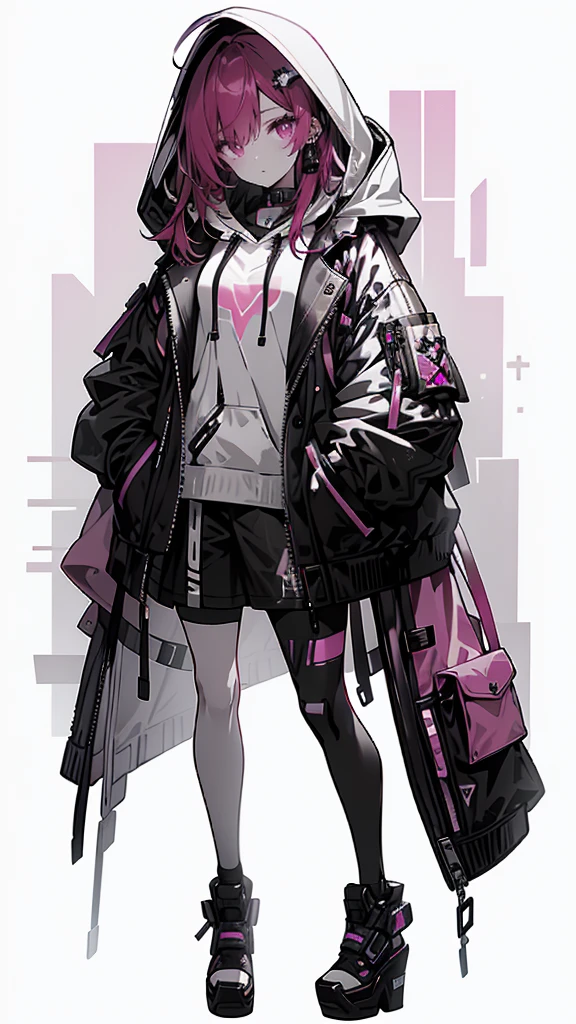 1 girl with red hair, pink eyes, cyberpunk style, hand in pocket, hoodie, pink starry background, black high heels