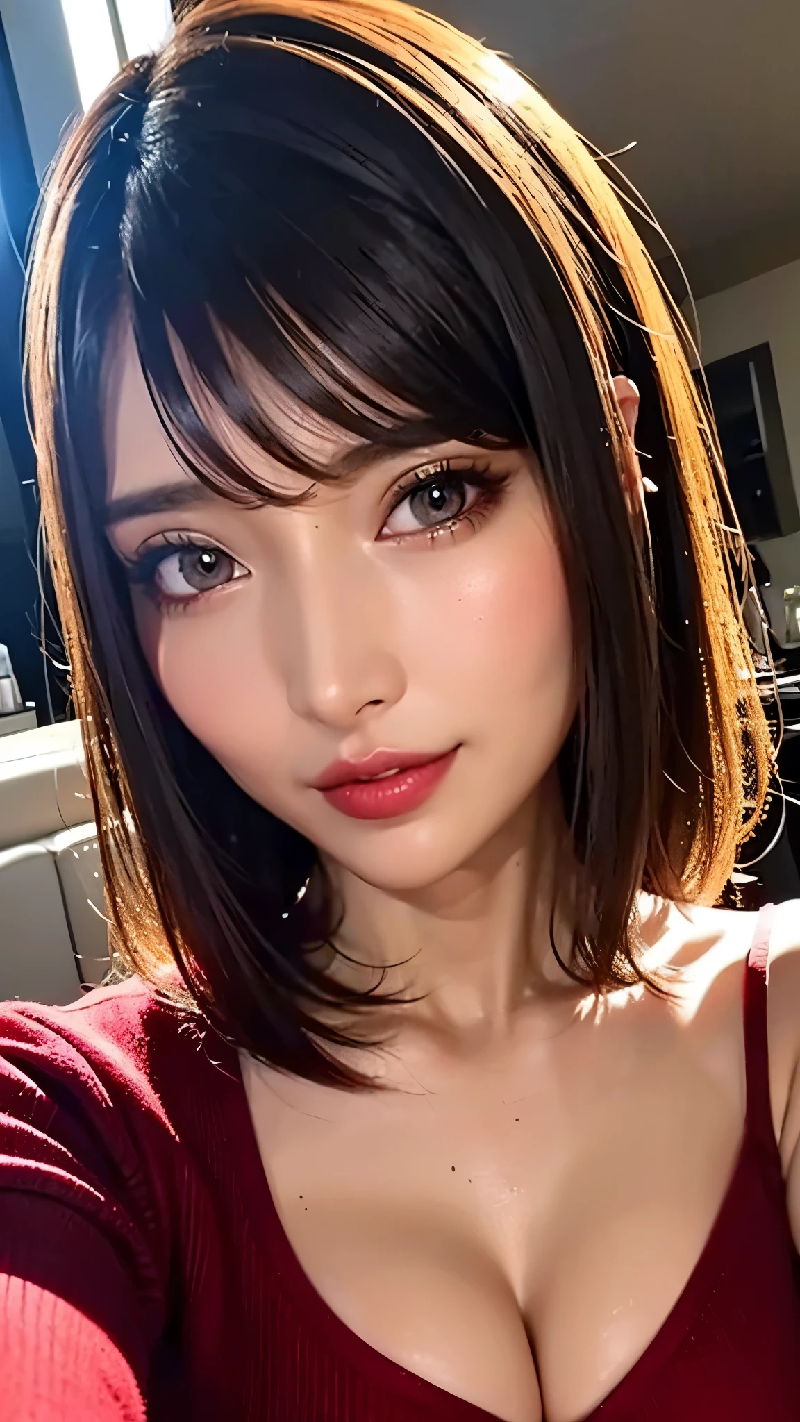 (Highest quality、On the table、8k、Best image quality、Award-winning works)、(Young girl, :1.3)、(The perfect V-neck long red sweater:1.2)、(Red eyeshadow:1.2)、Perfect Makeup、Long eyelashes、Ultra HD Shining Eyes、Ultra HD Hair、Ultra-high resolution glossy lips、Ultra High Resolution Perfect Teeth、Ultra HD cute face、Brown Hair、(Very short straight hair:1.1)、Look at me and smile、[clavicle]、Accurate anatomy、Luxury Love Hotel、(The most atmospheric warm light:1.2)、Blurred Background、Has bangs、Ultra-high-definition, shiny, moisturized face、Ultra-high resolution glowing skin、The most delicate face、Super high resolution detailed faces、ultra high resolution hair、Ultra high resolution glowing eyes、Beautiful face with detailed expression、Ultra high resolution glossy red lips、Big Breasts、Split、Fashion Necklace、White camisole