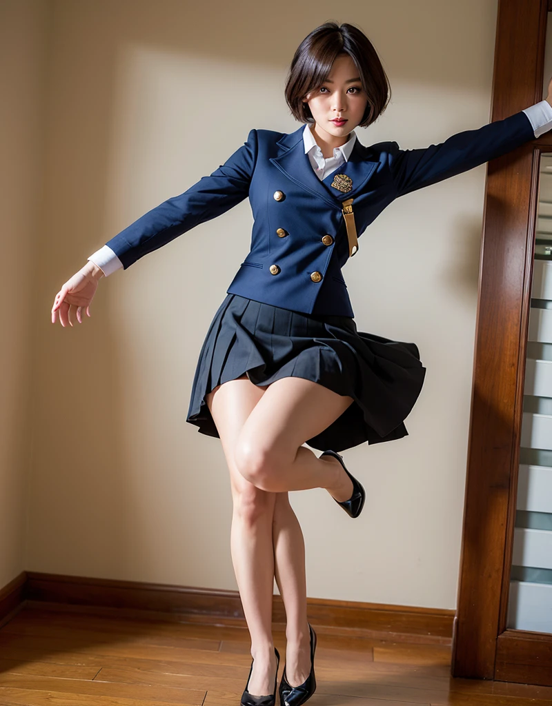 ((Highest quality)) ((masterpiece)), (detailed), One girl, sexy(whole body) uniform Short hair Skirt flip