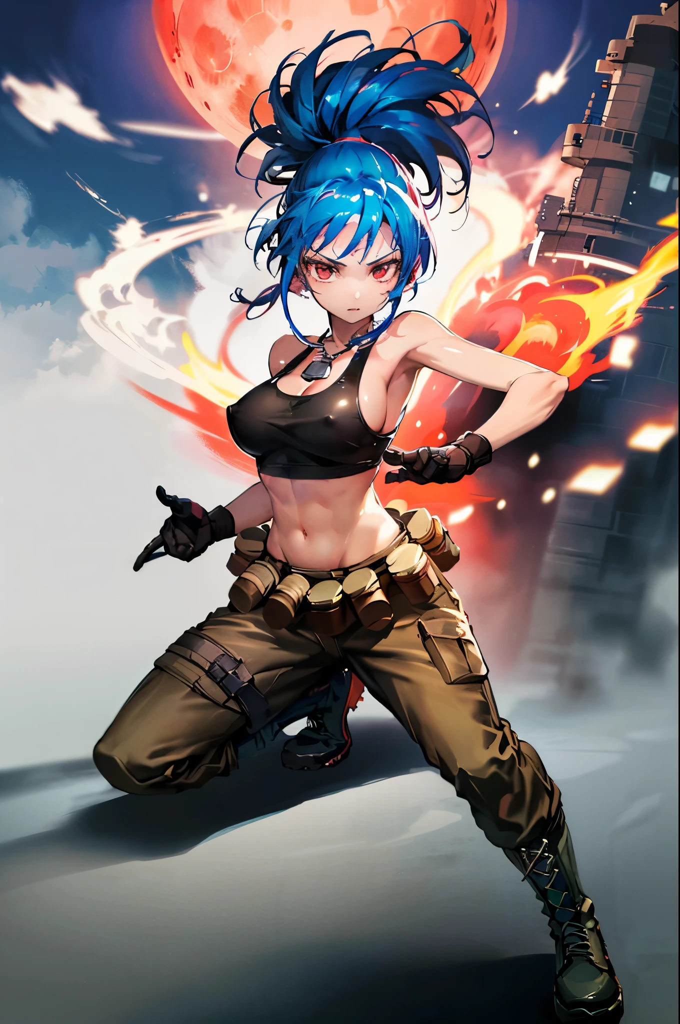 (masterpiece, highest quality, ultra high res, ultra detailed:1.3), 1 girl, ideal ratio body proportions, red eyes, (blue hair:1.2), high ponytail, unruly hair, brown tank top, military pants, military boots, bare shoulders, bare arms, open finger gloves, dog tag, full moon_landscape, night time, tank top covered nipples, 