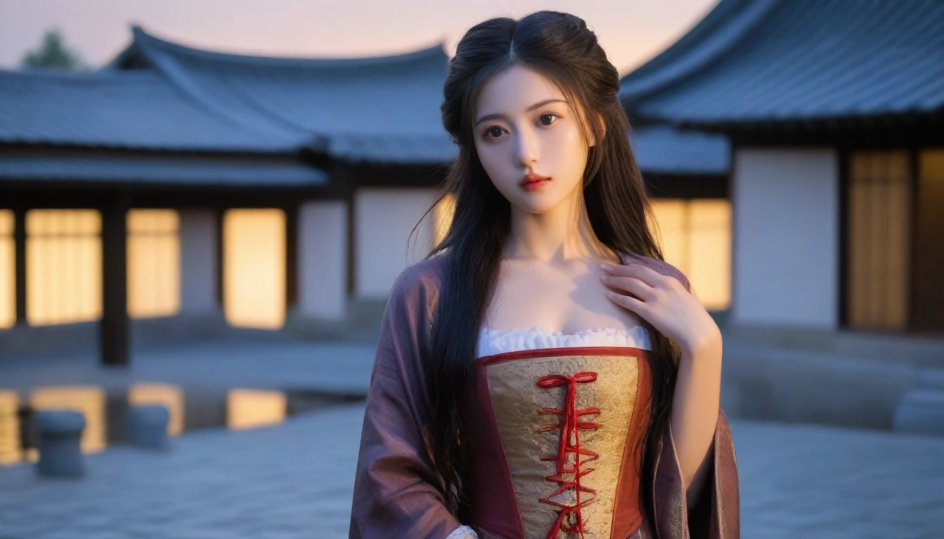 8k, Ultra-high resolution, Highest quality, masterpiece, 三分割法によるphotograph,Surreal, photograph, 1 Girl, (16 years old:1.3), pretty girl, Cute Face, Beautiful eyes in every detail, 細かくdetailedに,masterpiece,One Girl:1.2, Japan Female Announcer,extream close up,disgust,Long black hair,Loose curly hair,(Dressed in medieval European clothing:1.3),(印象派の美しい少女のPortraiture), (Standing in a medieval European square:1.3), (After the Rain), (Sunset reflection), (Impressionist light and colour),Realistic Skin, Perfect and beautiful face ,完璧でCute Face, Skin with attention to detail, Perfect limbs、Narrow waist,Looking at the audience、beauty,Long neck、(((Ideal body type))),A cup small breasts :2,Portraiture:2,Perfect Anatomy,鮮明なdetailed,detailed,Surreal,Light and shadow,darkness