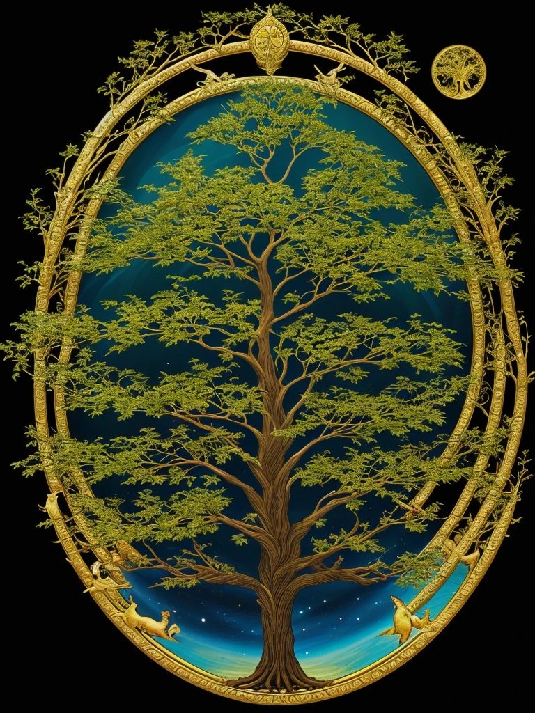 a painting of a tree of life with little birds hovering around, a detailed painting by Justin Gerard, Artstation contest winner, fantasy art, magical tree, fantasy tree, magic tree, cosmic tree, avatar movie tree of life, the world tree, golden sacred tree, world tree, the tree of life, tree of life, large magical trees, yggdrasil