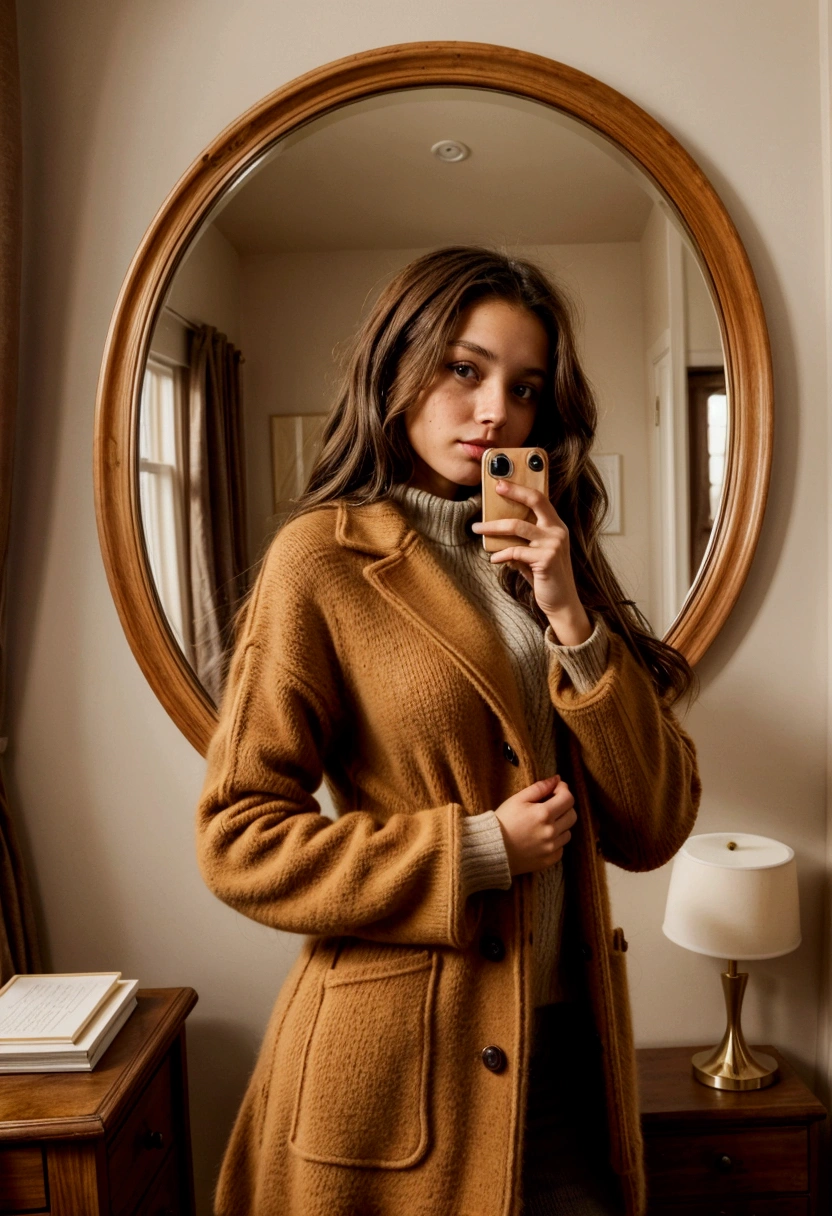 Brunette girl in a caramel-colored wool sweater taking a photo in the large round wooden mirror in her room. She doesn&#39;t show her face.