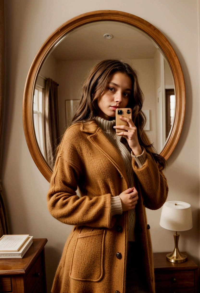 Brunette girl in a caramel-colored wool sweater taking a photo in the large round wooden mirror in her room. She doesn't show her face.