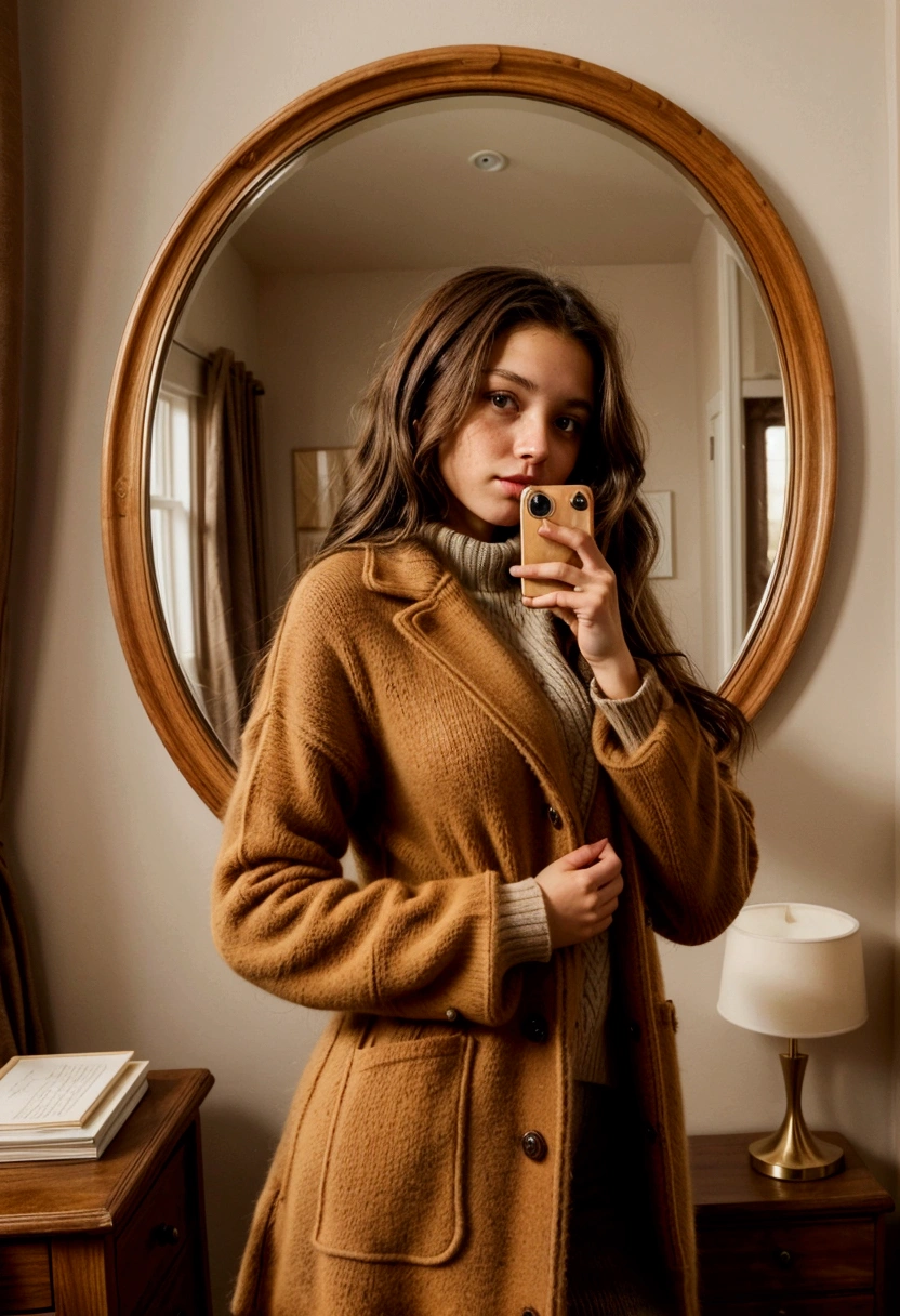 Brunette girl in a caramel-colored wool sweater taking a photo in the large round wooden mirror in her room. She doesn't show her face.
