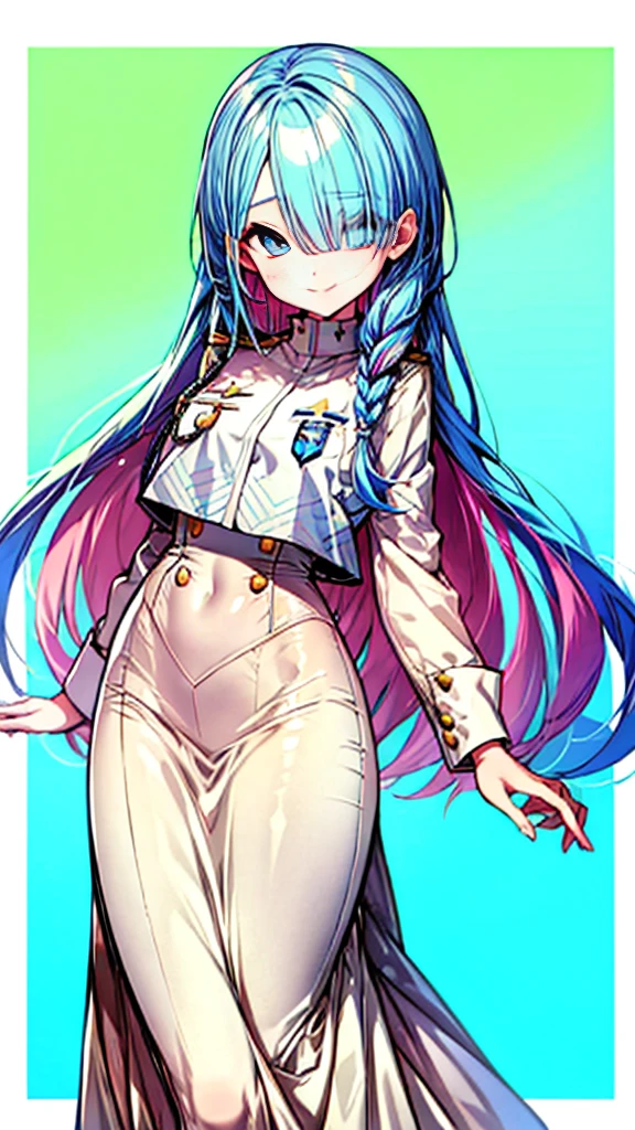 masterpiece, Highest quality, Very detailed, GSC Chairman, Hello, Multicolored Hair, Hair on one eye, blue eyes, Single Blade, bangs, Jacket, Long skirt,