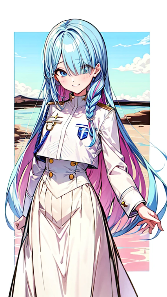 masterpiece, Highest quality, Very detailed, GSC Chairman, Hello, Multicolored Hair, Hair on one eye, blue eyes, Single Blade, bangs, Jacket, Long skirt,