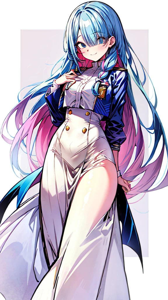 masterpiece, Highest quality, Very detailed, GSC Chairman, Hello, Multicolored Hair, Hair on one eye, blue eyes, Single Blade, bangs, Jacket, Long skirt,