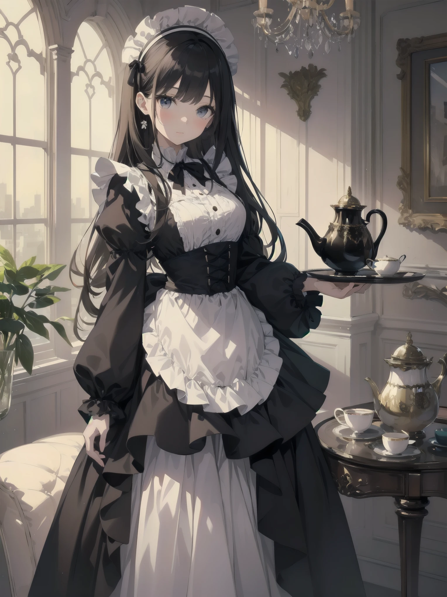 Illustration of a beautiful girl in a cute pose,(Masterpiece: 1.2), (Best quality: 1.2), A cute girl with long black hair, dressed in a classic black and white maid outfit with frilly lace and a matching headband, is standing in a beautifully decorated Victorian-style parlor. She is holding a silver tray with a teapot and teacup, her expression a mix of professionalism and warmth. The background includes ornate furniture, a chandelier, and large windows with heavy drapes, all bathed in soft afternoon light. This illustration emphasizes the elegant and welcoming atmosphere of a high-class tea service