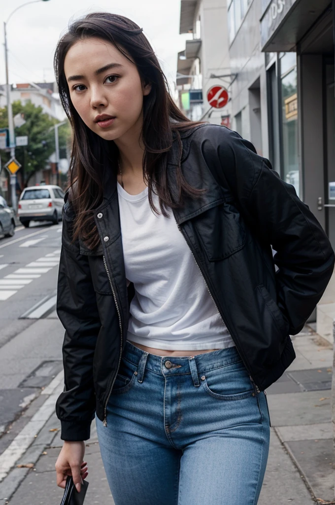 Jessica Henwick, black jacket, white t-shirt, blue jeans.
