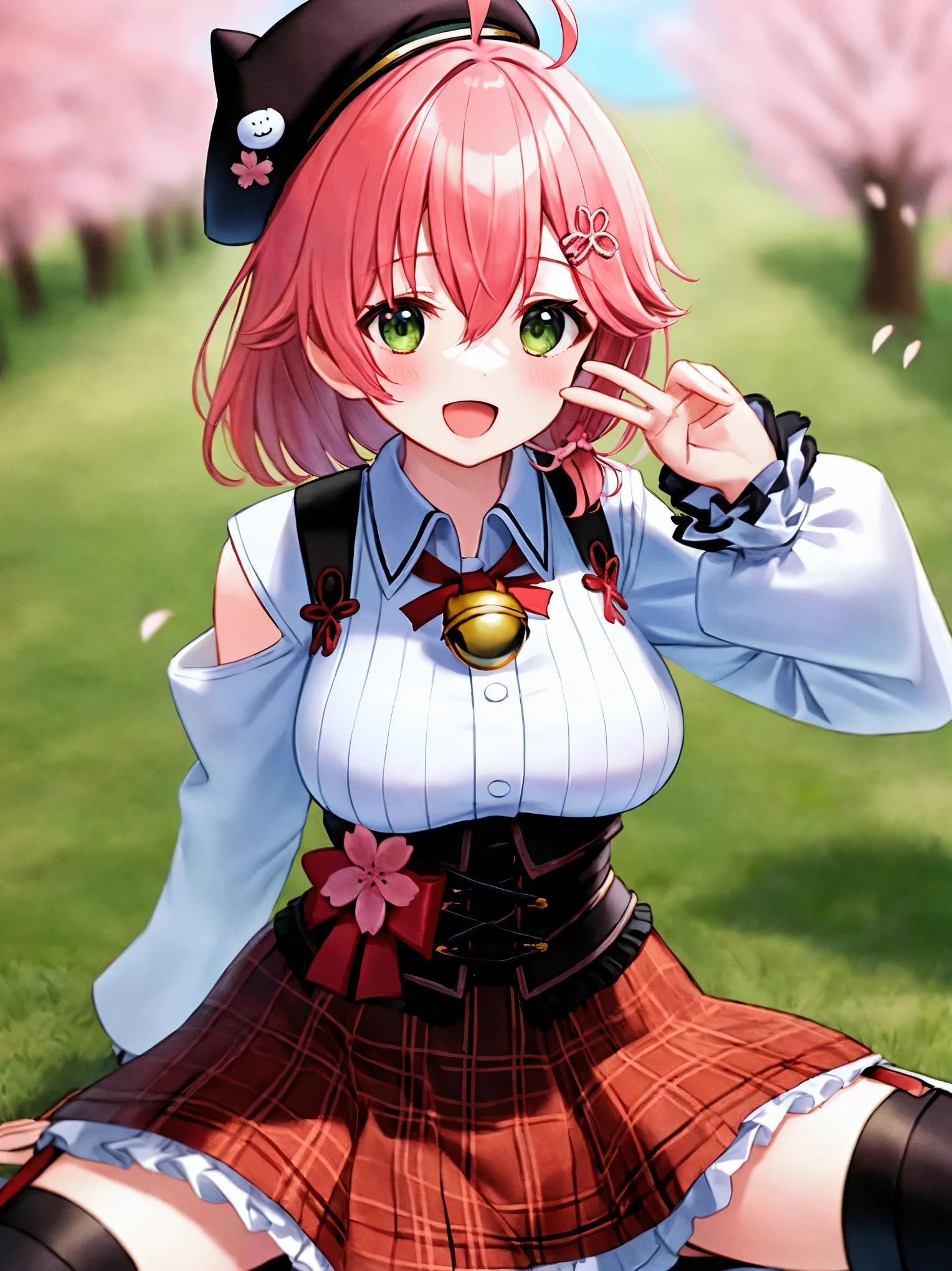 masutepiece, Best_Quality, hight_resolution, miko2,Ponytail, 1girl, Ahoge, black headwear, Hair Ornament, White shirt, black thighhighs, Pink hair, Red_skirt, very_short_skirt, plaid skirts, garter_strap, Collared shirt, hair clips, frilld, Bangs, hair between eye, frills skirt, beret, Pleated skirt, Hair Flower, Neck bell, , puffy long sleeves, Black bow, Underbust, Cowboy Shot,Smile, large_breasts,covered_nipples, covered_pussy,green_eyes, happy, childlike_posing,spread_legs,(big_smile:1.2),plump,open_mouth,shout,half_eyes,cherryblossom_parklandscape__background,solo