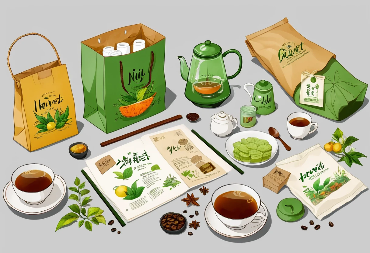 A set of tea sets for casual relaxation with illustrations,calligraphic fonts with green tones,coffee bags,paper bags,prints and accessories,with the theme of the harvest world,clean light gray background,(niji:2),hand-drawn,illustration style