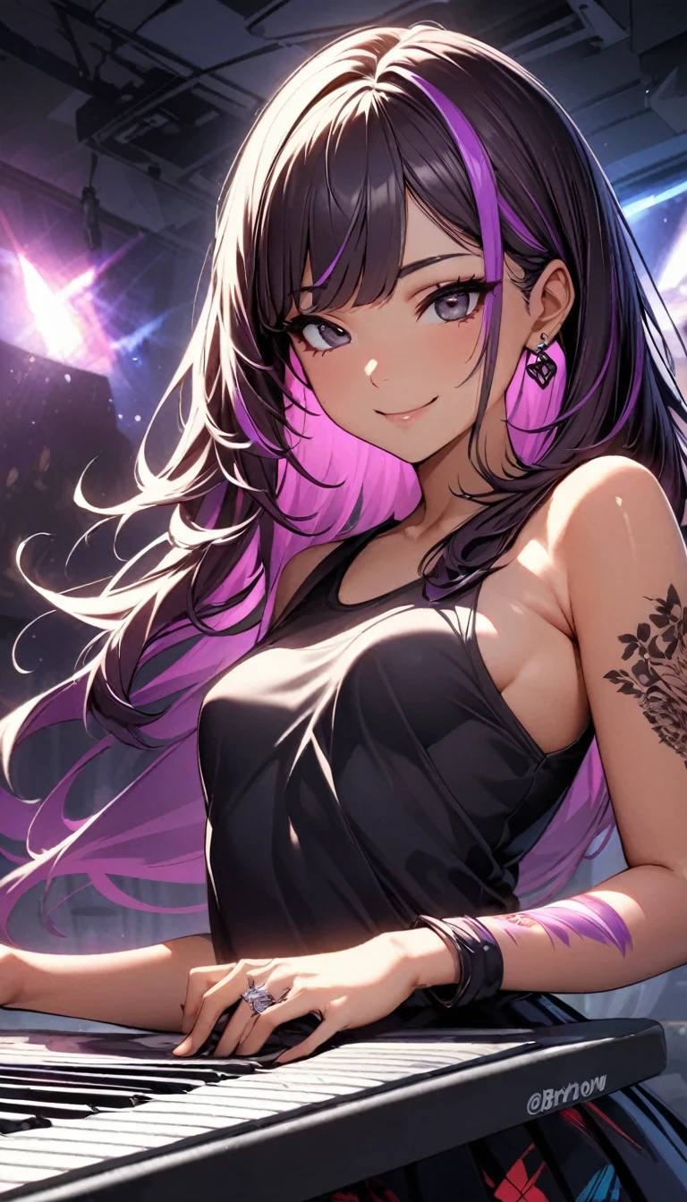(highest quality:1.2, Very detailed, up to date, Vibrant, Ultra-high resolution, High Contrast, masterpiece:1.2, highest quality, Best aesthetics), Portraiture、girl、solo、Bright colors、Beautiful fine details、Beautiful lip detail、long hair、black and purple ((streaked hair:1.6)), highlights hair: 1.5, rbrown eyes, ring earrings, slim body, small breast, Cheerful pose、beautiful restaurant, enjoy lunch at the table, ((casual dress:1)), smile, Cowboy shot, (Floral Fineline tattoo design on left arm:1),