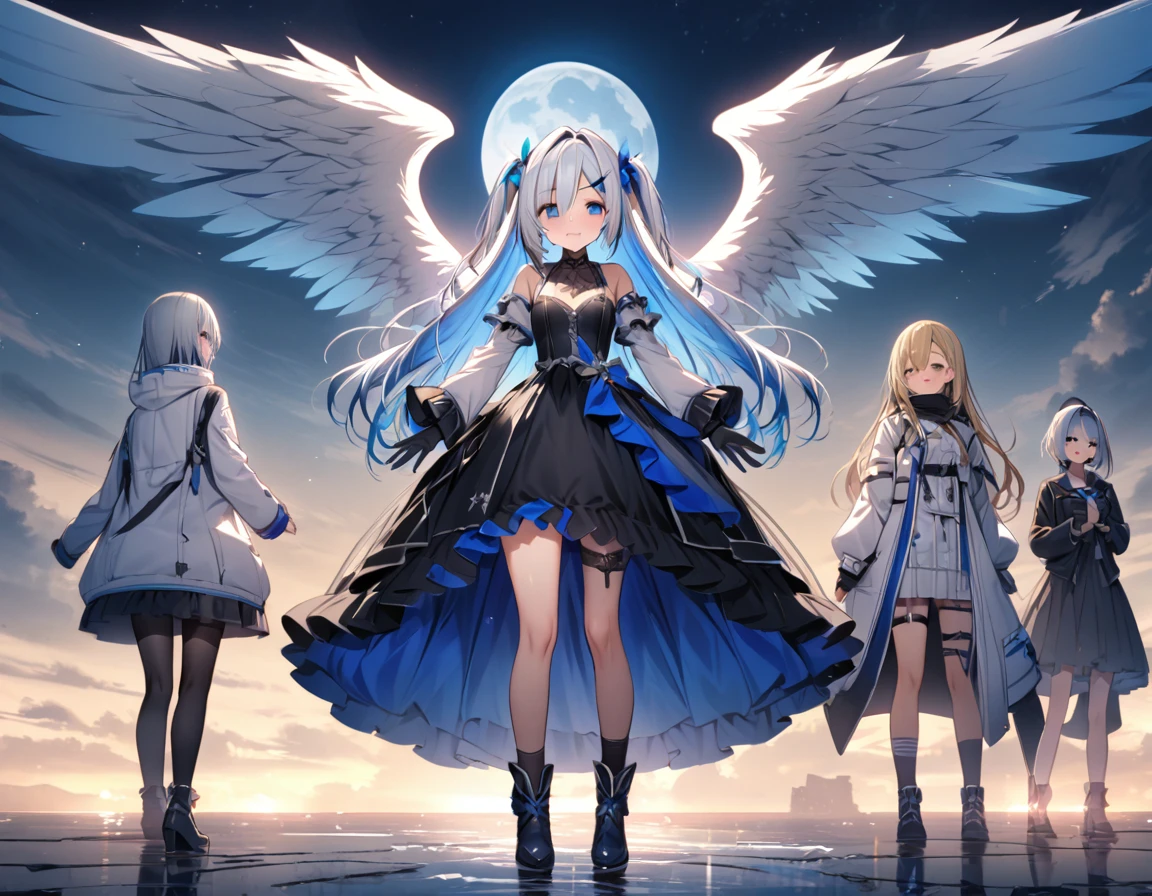 best quality,ultra detailed,extremely detailed and beautiful,perfect anatomy,perfect hands,singing In the sky,Fantastic sky,another world,(amane kanata), angel, angel_wings, asymmetrical hair,silver hair,mesh (blue), very long hair, two side up,flat chest,(black frill dress)+,black gloves, (white jacket)+++,opened jacket,asymmetrical legwear,full moon,