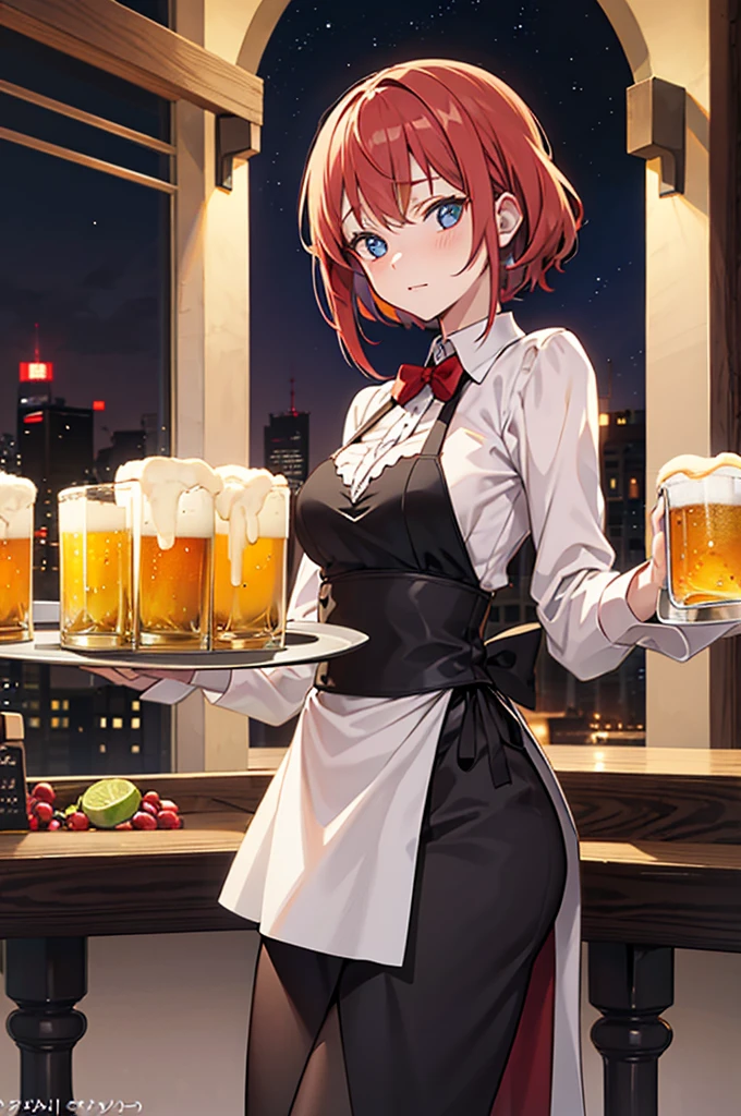 Rabbit-eared girl perspiring a smile Short sleeve dresses Cold beer Drinking izakaya