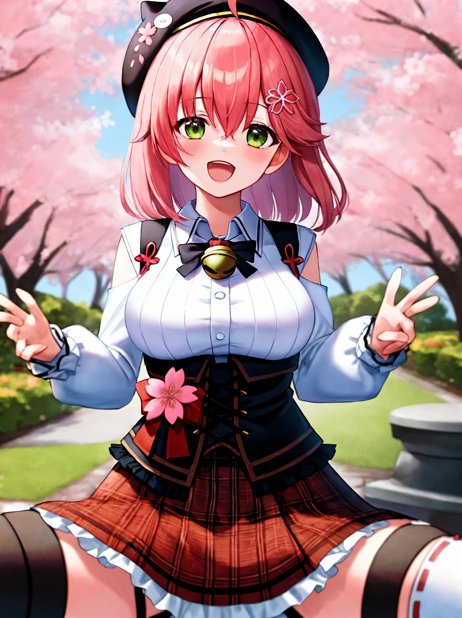 masutepiece, Best_Quality, hight_resolution, miko2,Ponytail, 1girl, Ahoge, black headwear, Hair Ornament, White shirt, black thighhighs, Pink hair, Red_skirt, very_short_skirt, plaid skirts, garter_strap, Collared shirt, hair clips, frilld, Bangs, hair between eye, frills skirt, beret, Pleated skirt, Hair Flower, Neck bell, , puffy long sleeves, Black bow, Underbust, Cowboy Shot,Smile, large_breasts,covered_nipples, covered_pussy,green_eyes, happy, childlike_posing,spread_legs,(big_smile:1.2),plump,open_mouth,shout,half_eyes,cherryblossom_parklandscape__background,solo