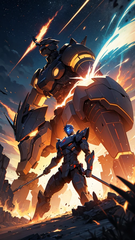 one men , Fighting a giant robot ,destroyed cenario , sparks of fire , epic scenery