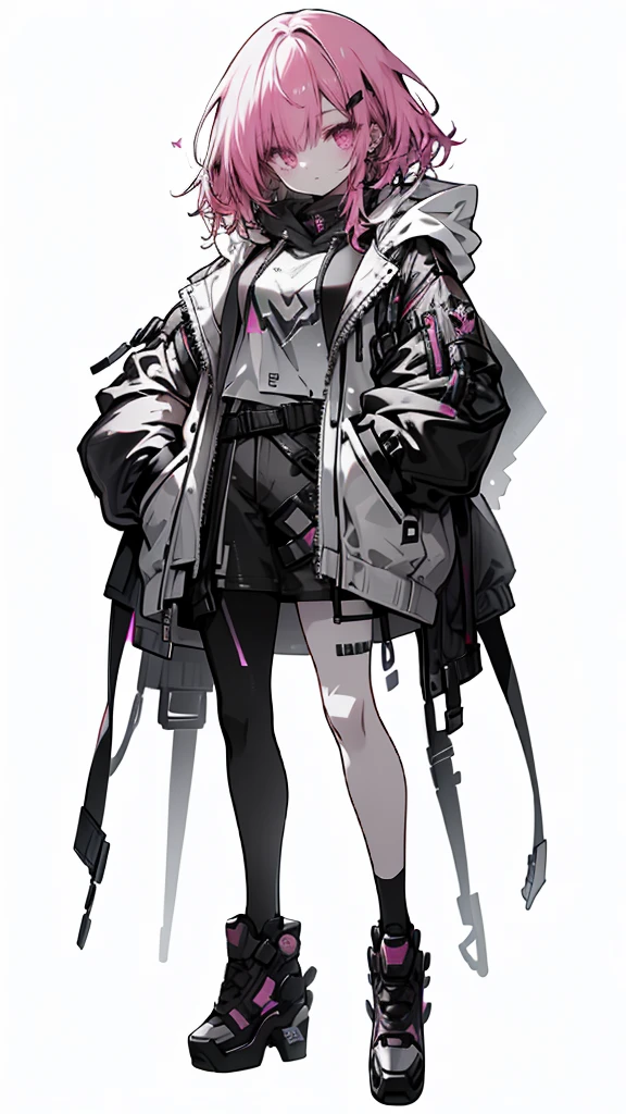 1 girl with red hair, pink eyes, cyberpunk style, hand in pocket, hoodie, pink starry background, black high heels