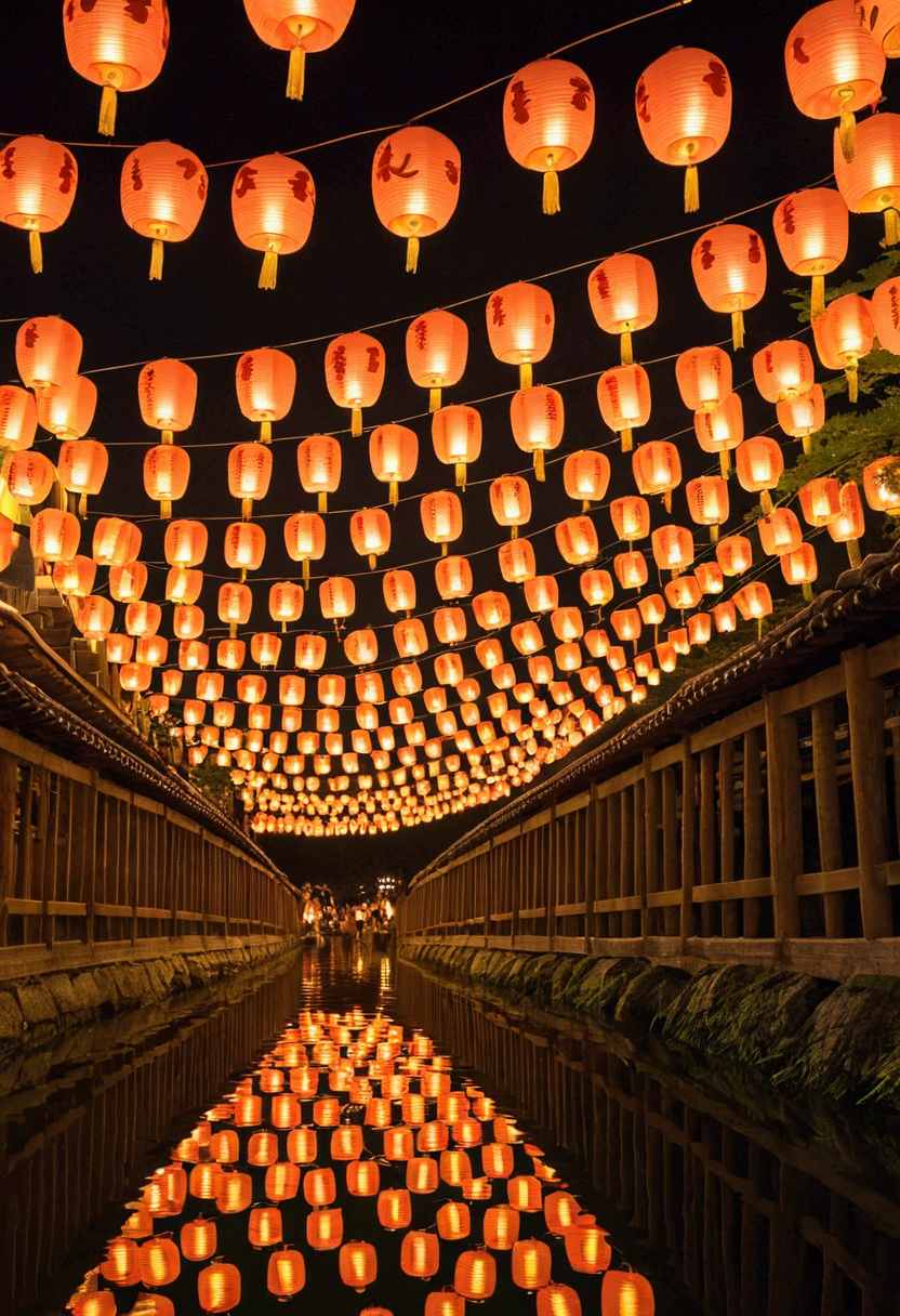 Ghibli night shrine Summer festival Lots of lanterns